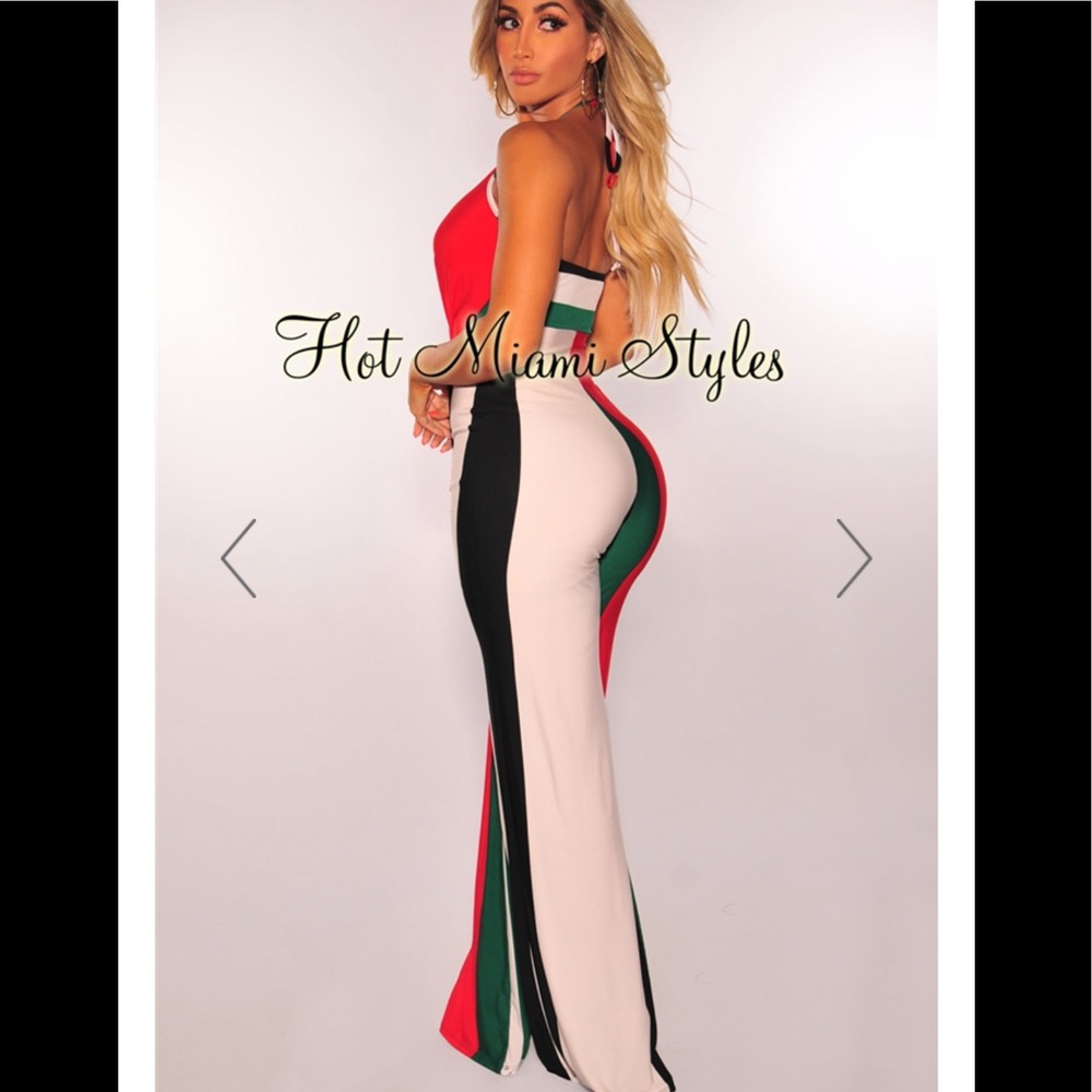 Green Red Nude Striped Tie Up Halter Jumpsuit